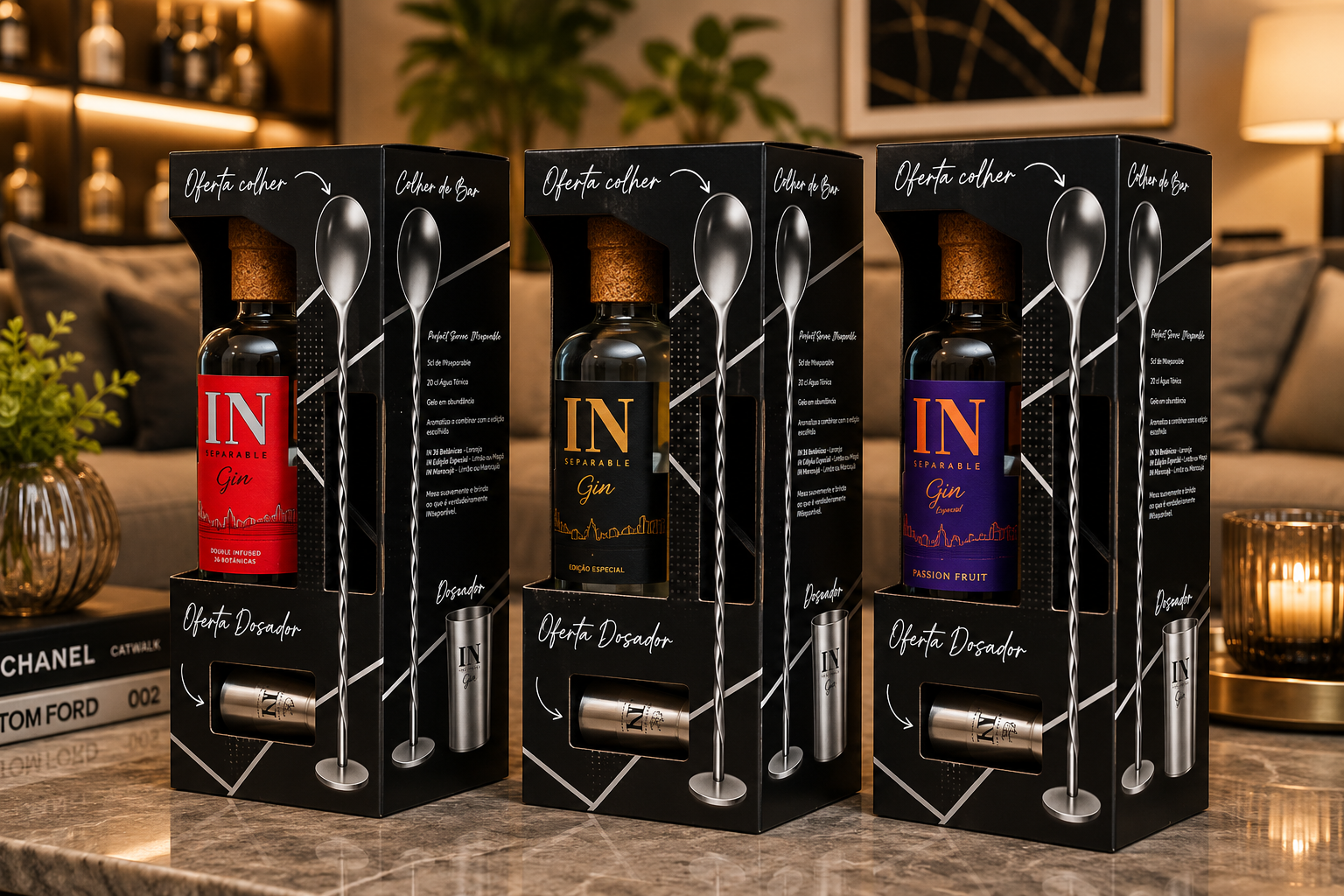 INseparable Gin — caixas de oferta com colher de bar e dosador